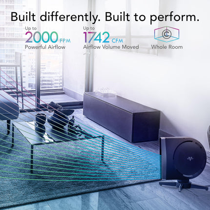 Modern office space with a tower fan and text highlighting performance features.