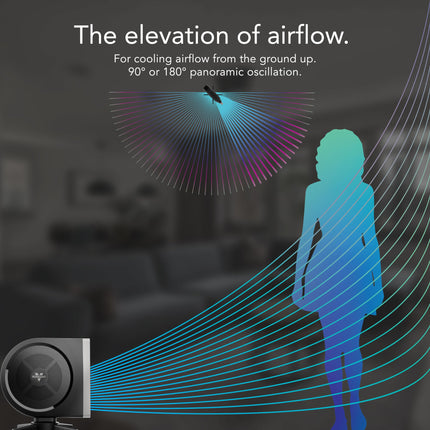 Silhouette of a person with airflow lines and text about cooling airflow from the ground up.
