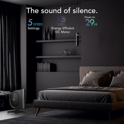 Modern bedroom with a fan and text highlighting features like speed settings and energy efficiency.
