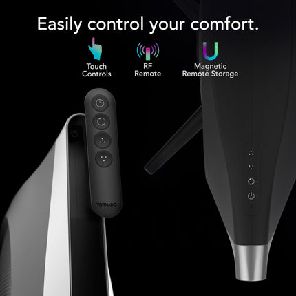 Black tower fan with control panel and text 'Easily control your comfort' on a black background.