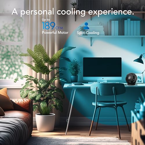 Modern office space with a computer desk, chair, and air cooler, featuring text about cooling experience.