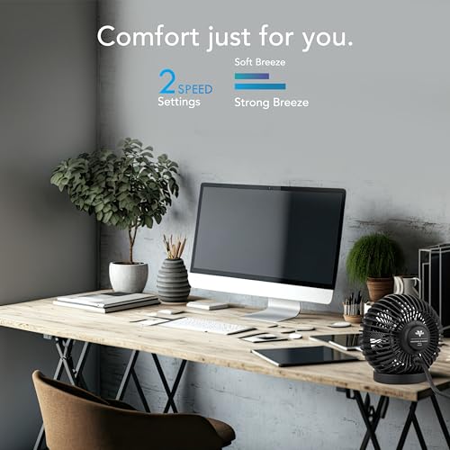 Modern office desk with computer setup, fan, and plants with text 'Comfort just for you.' and product features.