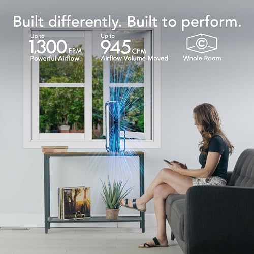 Air circulator on table in living room with text.
