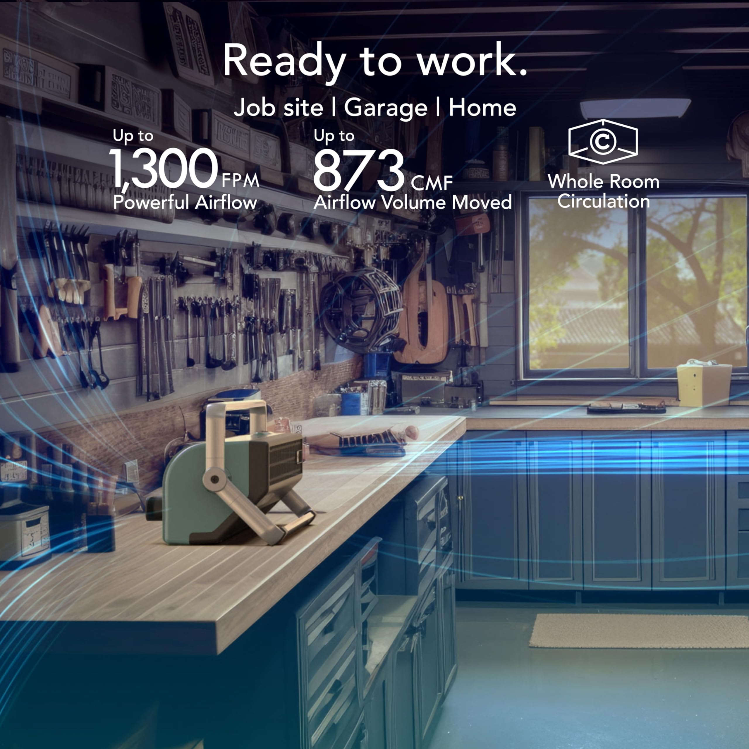Modern workshop with tools and equipment, featuring text about airflow capabilities.