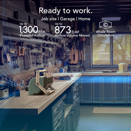 Modern workshop with tools and equipment, featuring text about airflow capabilities.