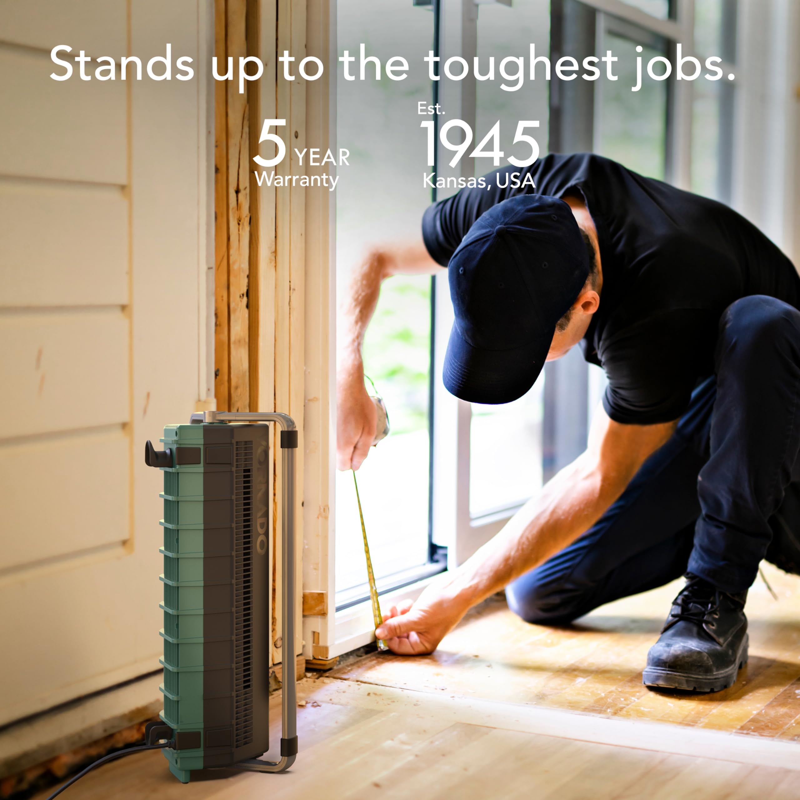Person installing window with an air circulator blowing with text about a 5-year warranty and establishment year