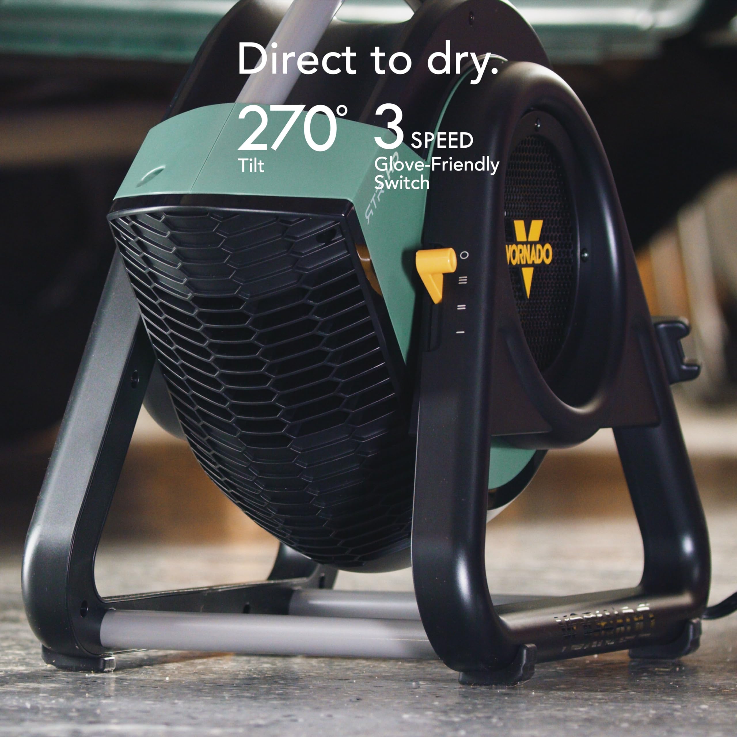 Portable dryer with features highlighted on a blurred background