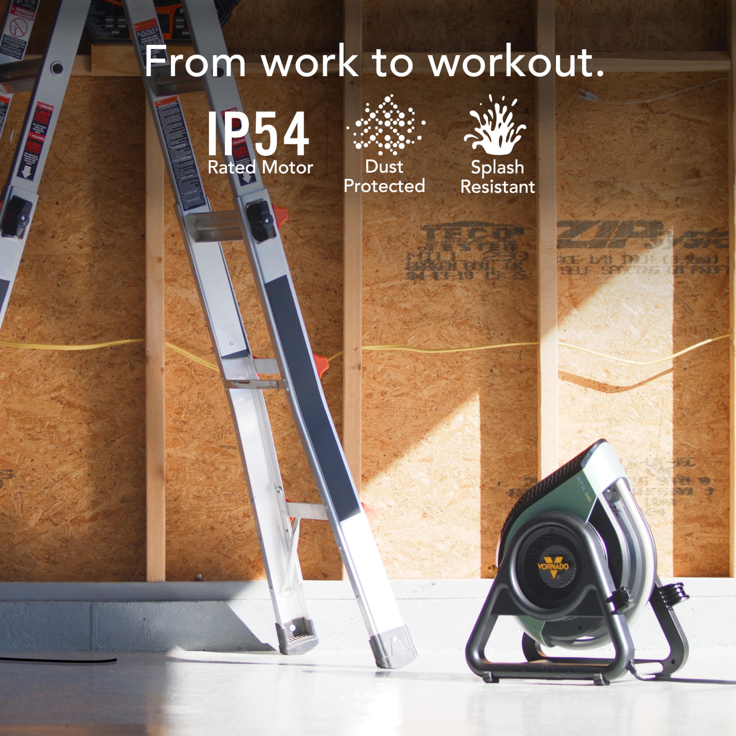 air circulator on a wooden floor with text about IP54 rating.