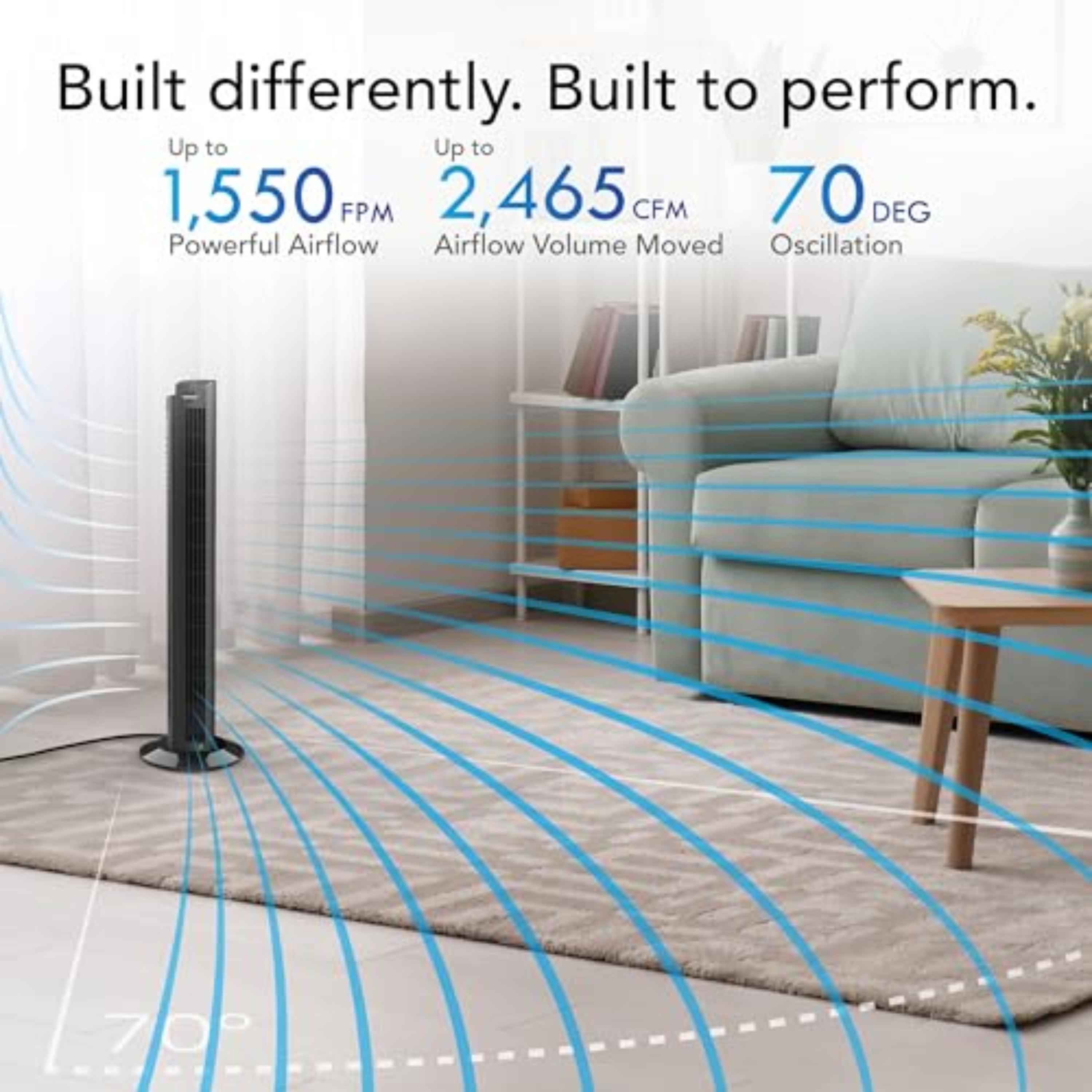 Air conditioner with airflow visualization in a living room setting