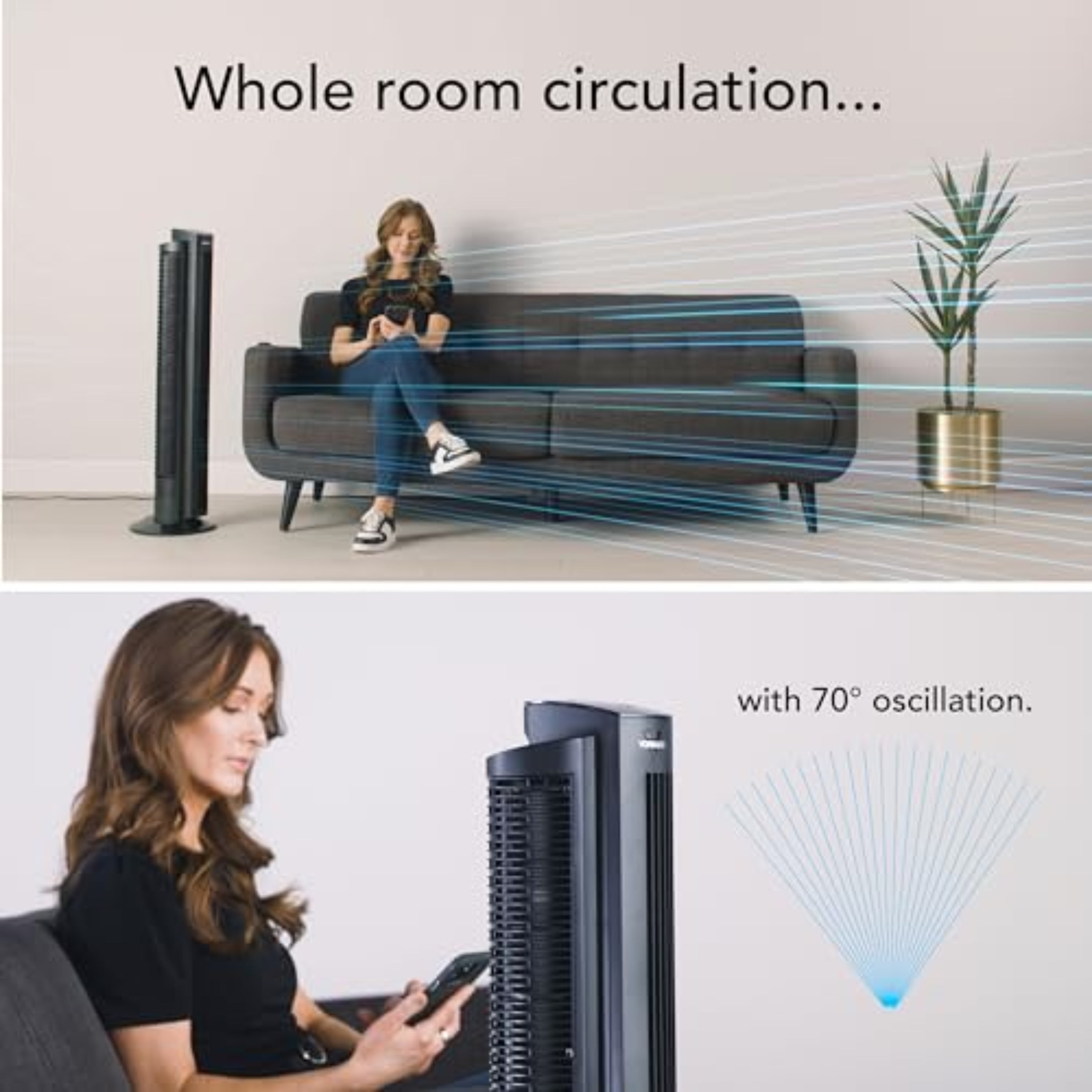 Woman sitting on a couch with a tower fan providing whole room circulation and 70° oscillation.