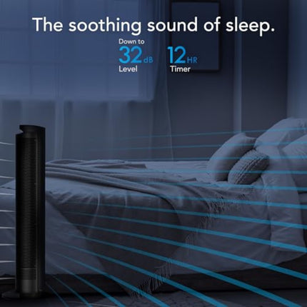 Black tower fan in a bedroom with text indicating 'The soothing sound of sleep' and '32dB Level' on a dark blue background.