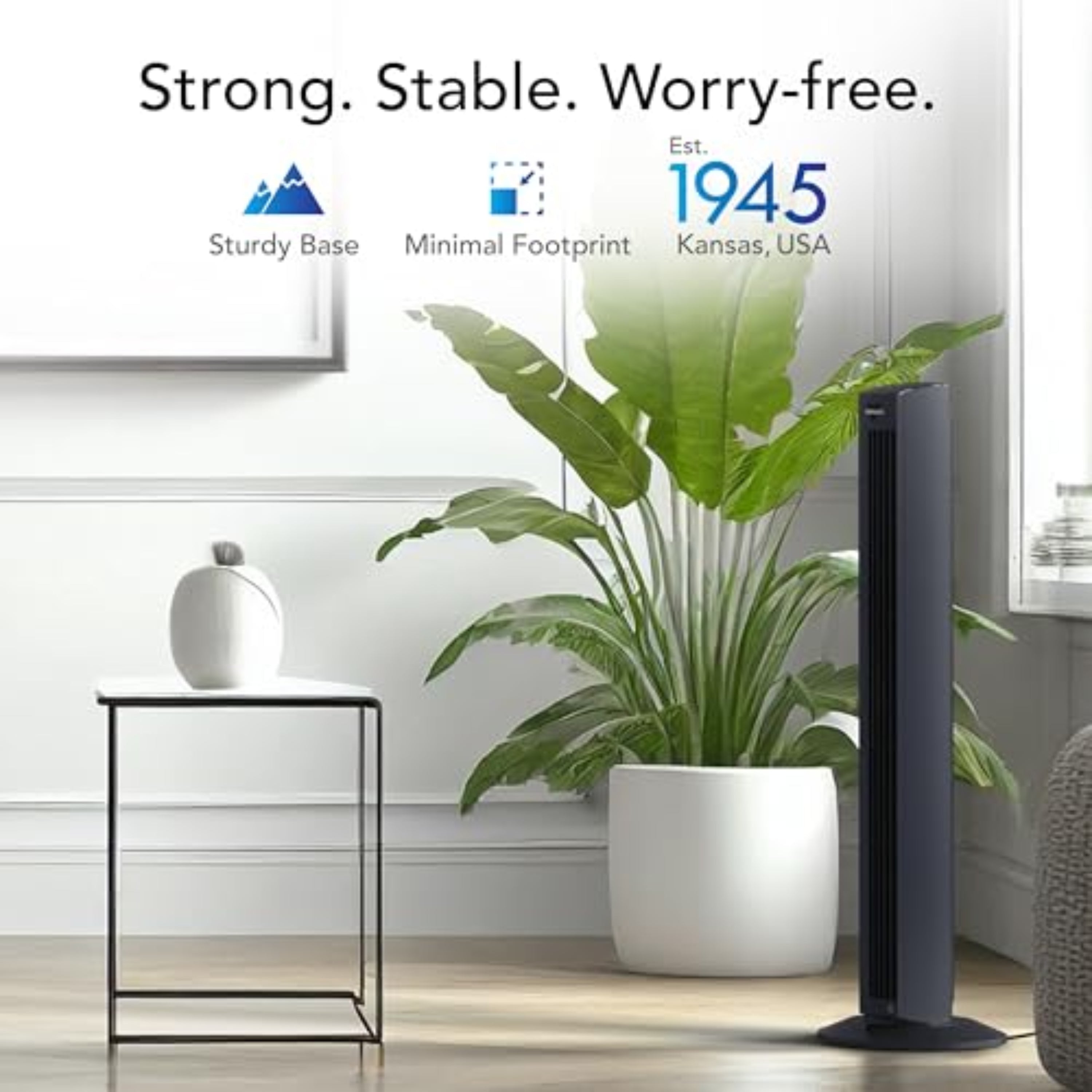 Modern indoor plant stand with a plant in a room setting, featuring text about product attributes.