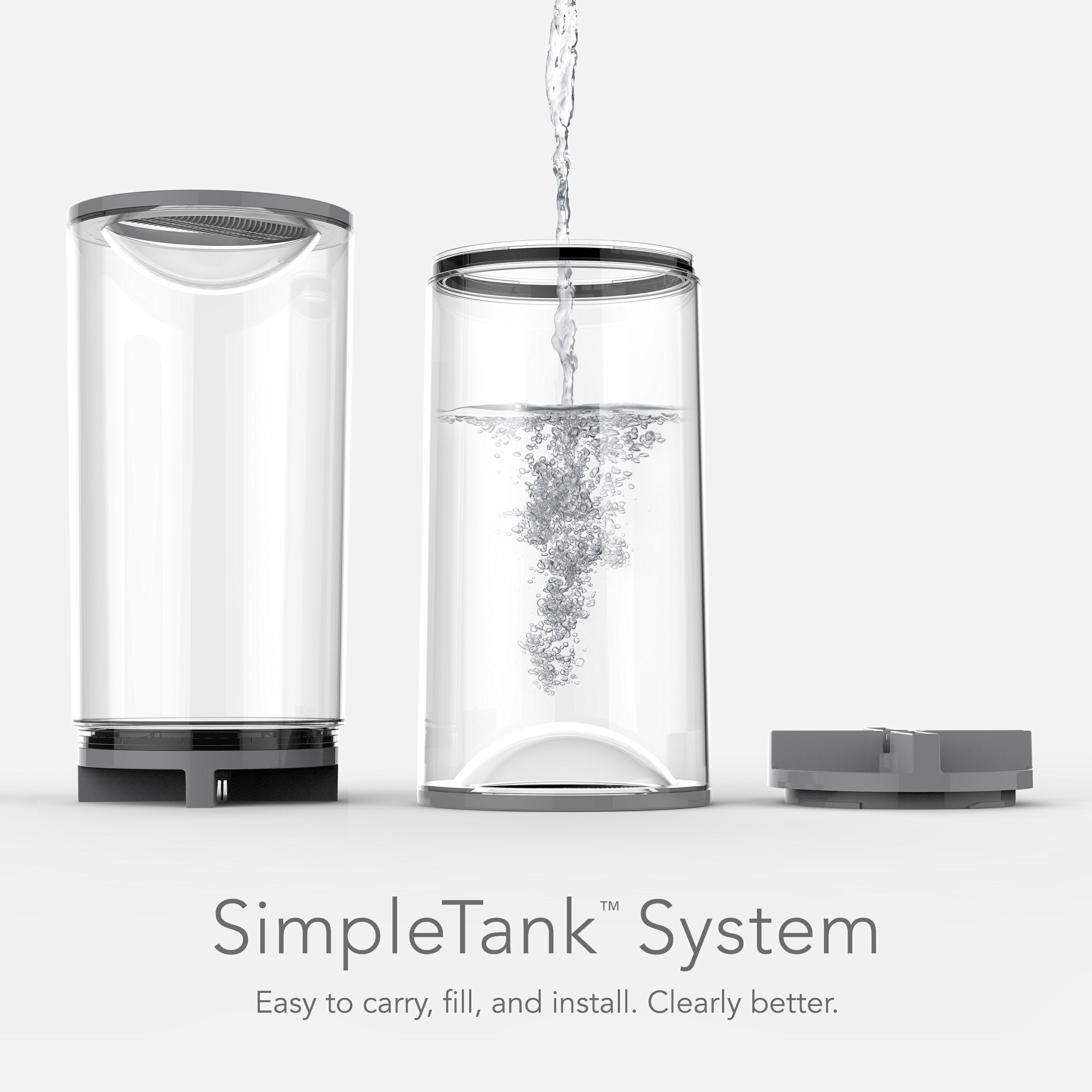 SimpleTank water tank system with water being poured into one of the tanks on a white background.