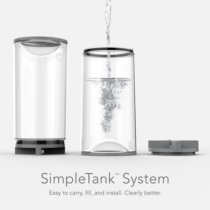 SimpleTank water filtration system with water being poured into one of the tanks on a white background.