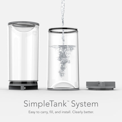 SimpleTank water filtration system with water being poured into one of the tanks on a white background.