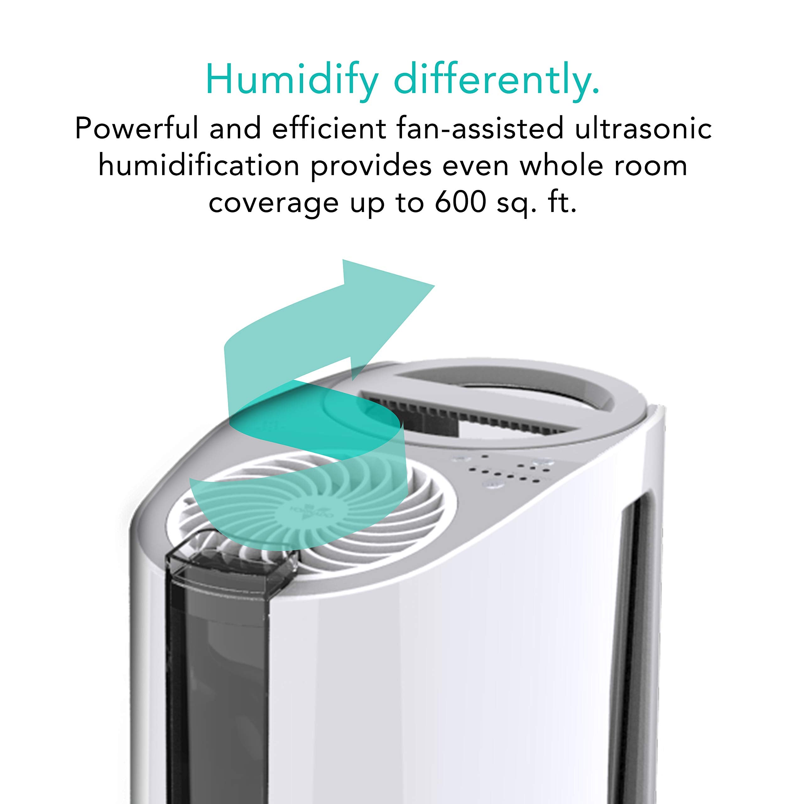 Humidifier with text highlighting its features on a white background
