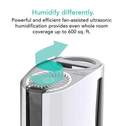 Humidifier with text highlighting its features on a white background