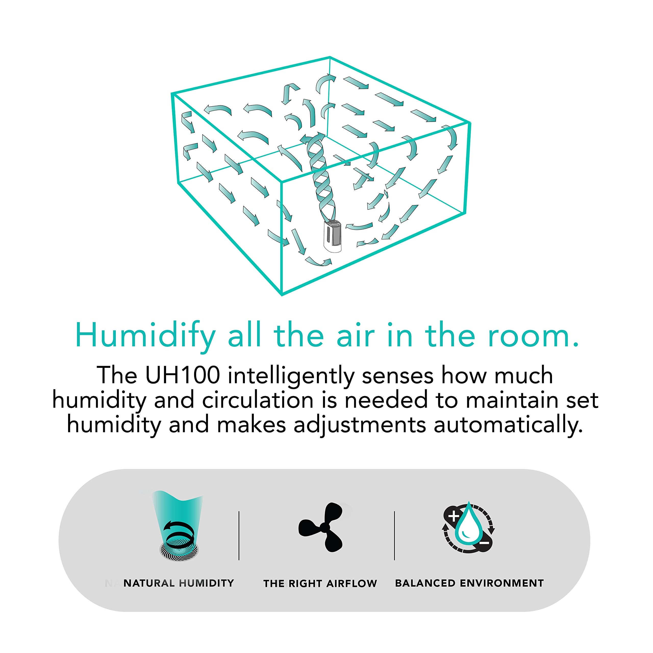 Diagram of a humidifier with text explaining its functions on a white background