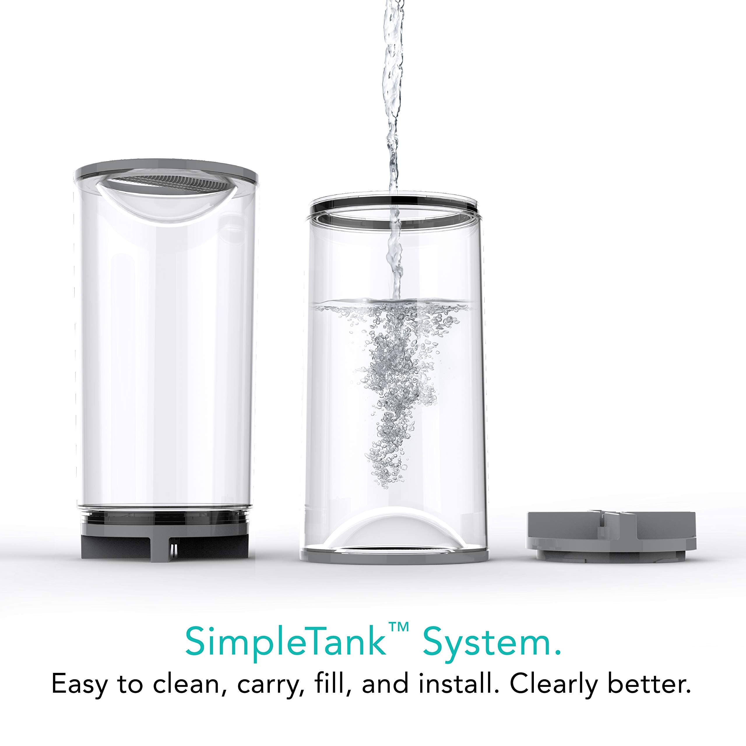 Clear water filtration system with water being poured into it, labeled 'SimpleTank System'.