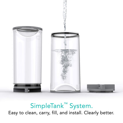 Clear water filtration system with water being poured into it, labeled 'SimpleTank System'.