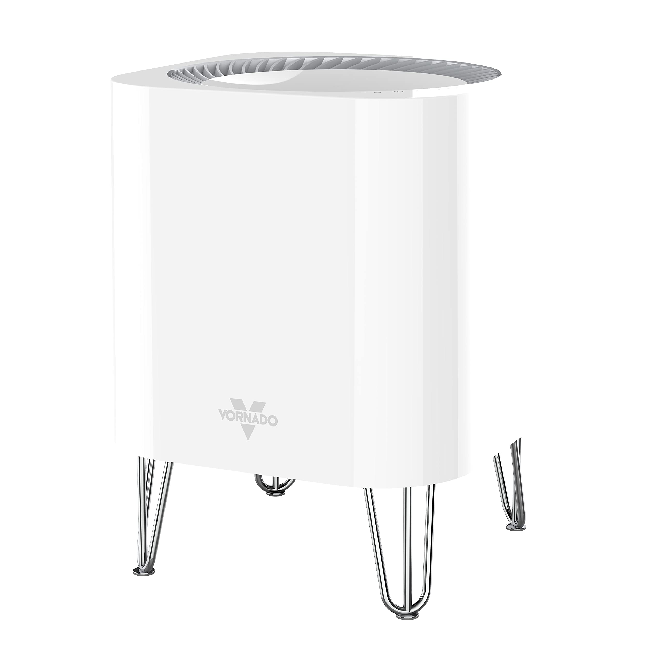 White air purifier with metal base on a white background