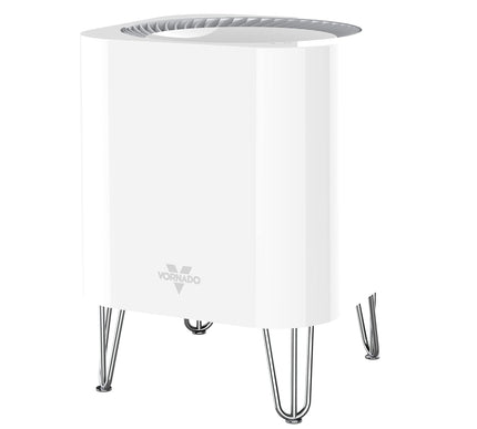 White air purifier with metal base on a white background