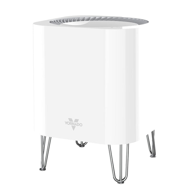 White air purifier with metal base on a white background