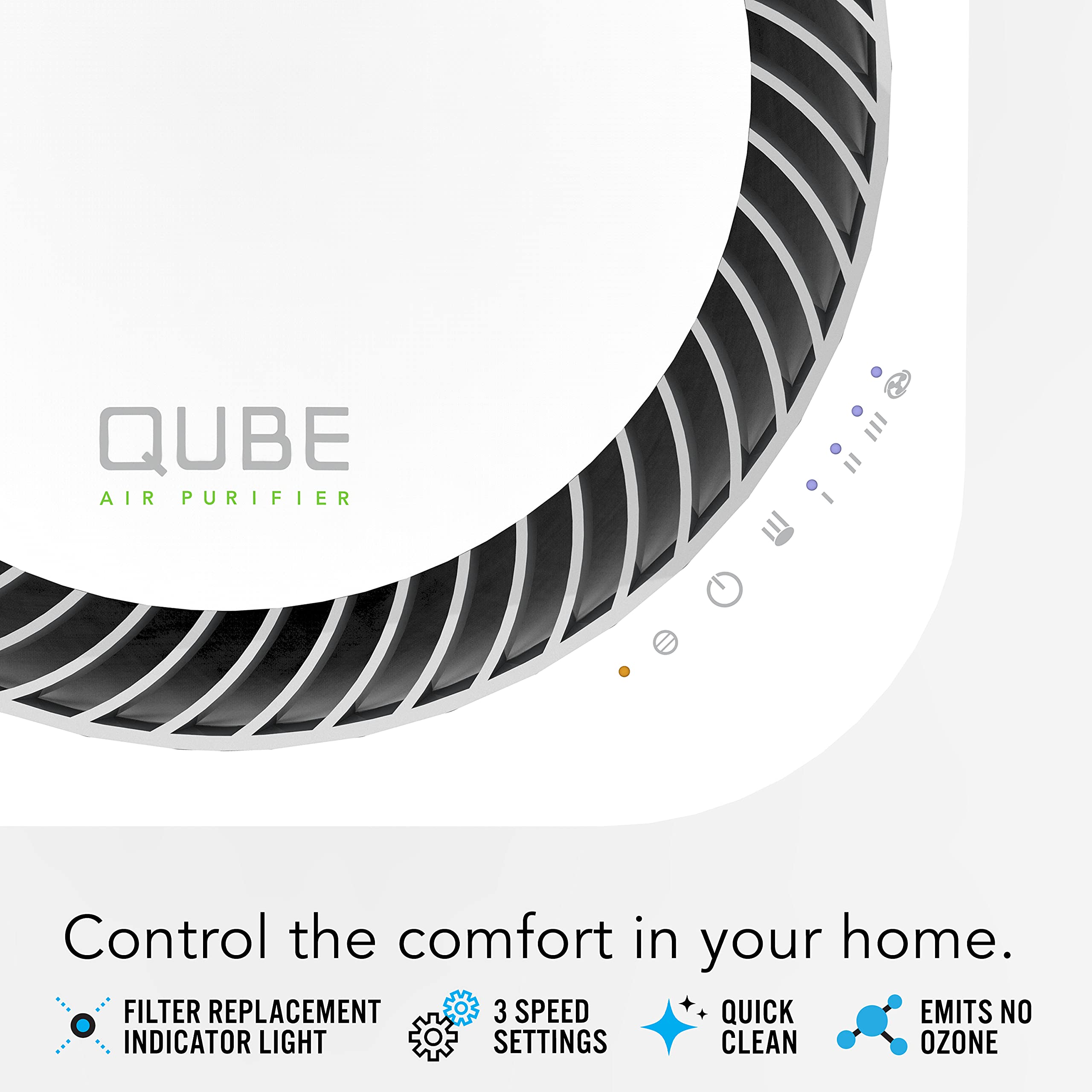 Qube air purifier with features listed on a white background