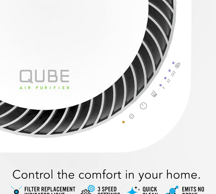 Qube air purifier with features listed on a white background