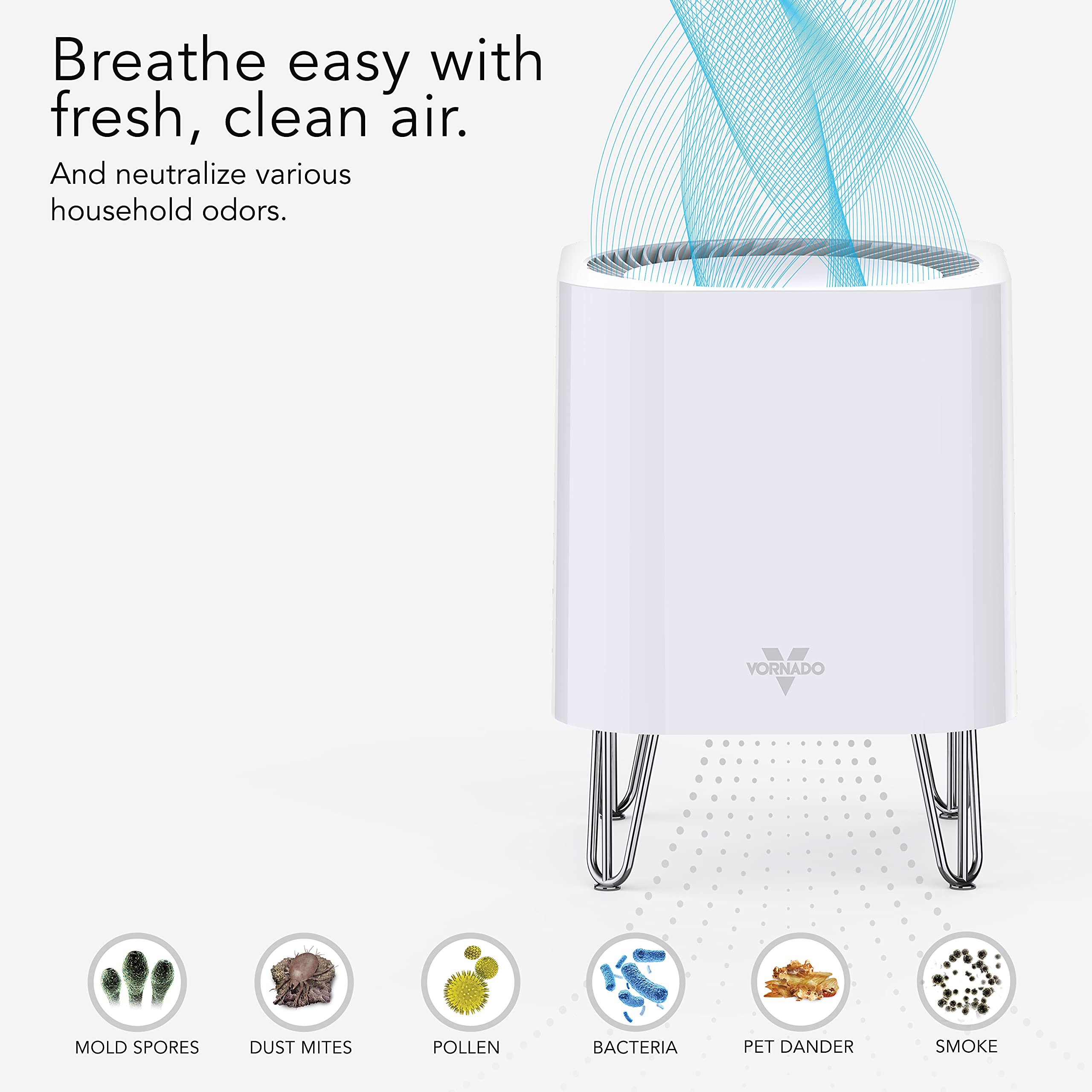Air purifier with text 'Breathe easy with fresh, clean air' and icons of pollutants it can neutralize.