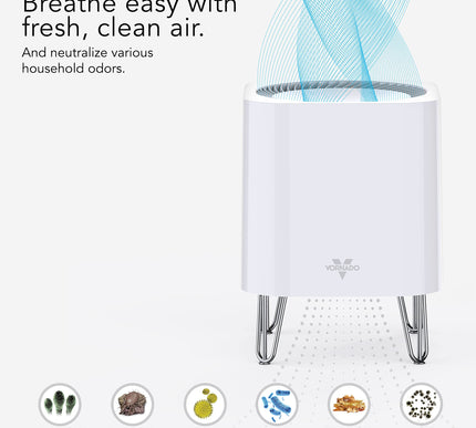 Air purifier with text 'Breathe easy with fresh, clean air' and icons of pollutants it can neutralize.
