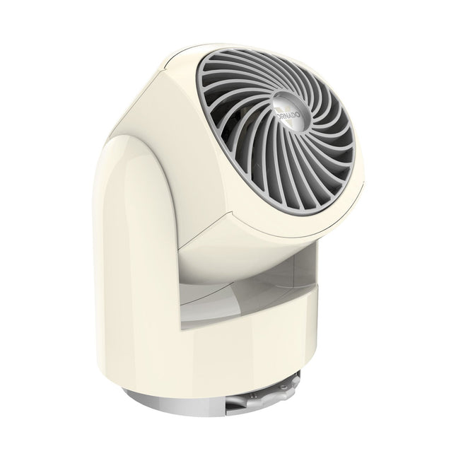 Portable fan with a cream body and black blades on a white background