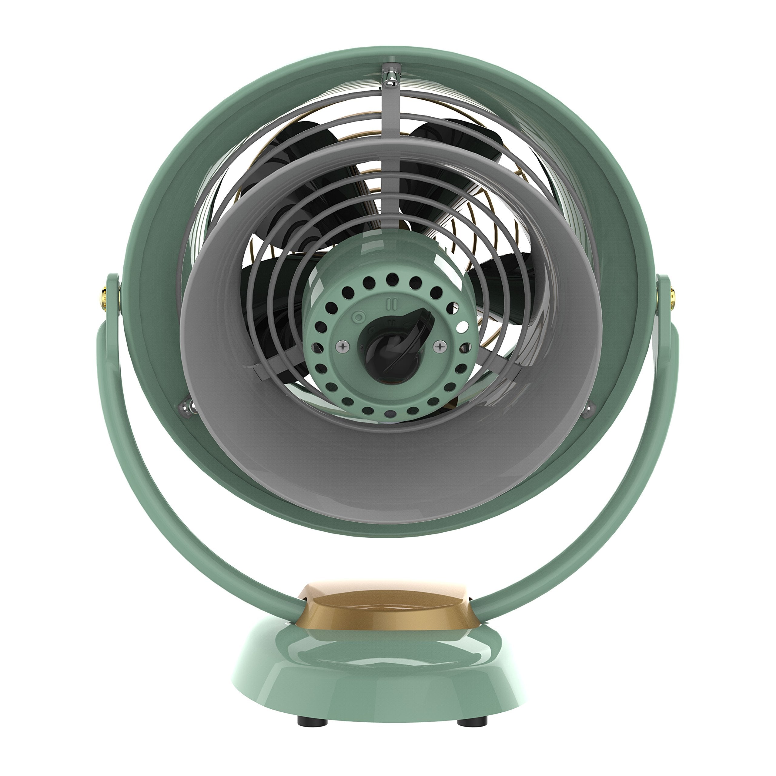 Vintage-style desk fan with a green casing and gold base on a white background