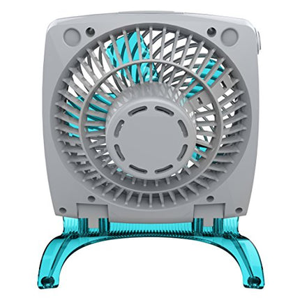 Small portable fan with gray body and turquoise legs on a white background