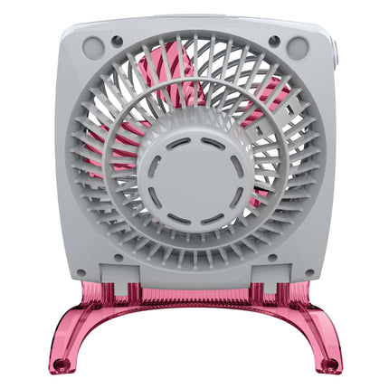 Small portable fan with pink base and gray top on a white background