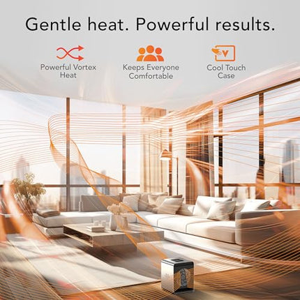 Modern living room with a heating device, featuring text about heat and comfort.