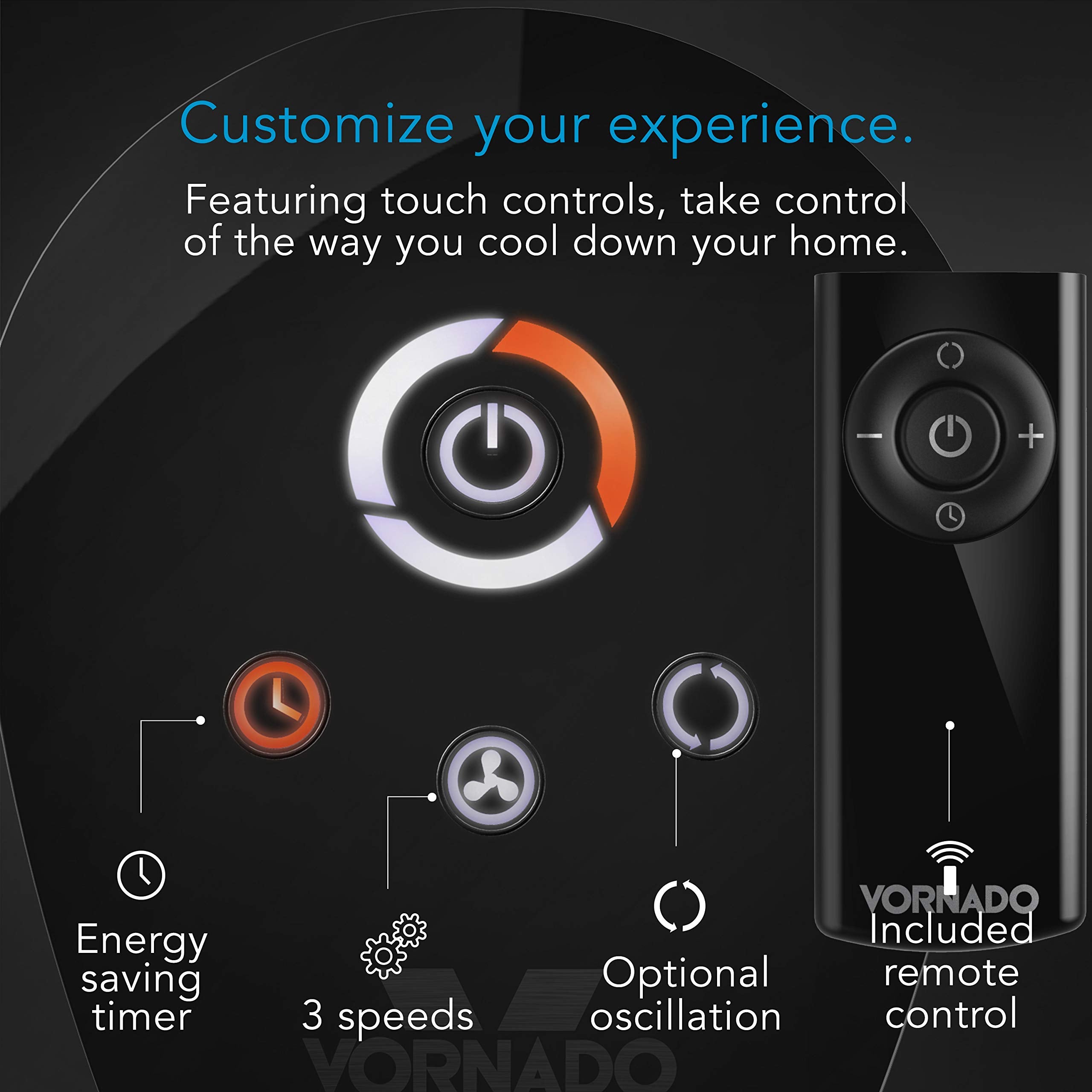 Control panel of a Vornado air conditioner with touch controls and features listed.