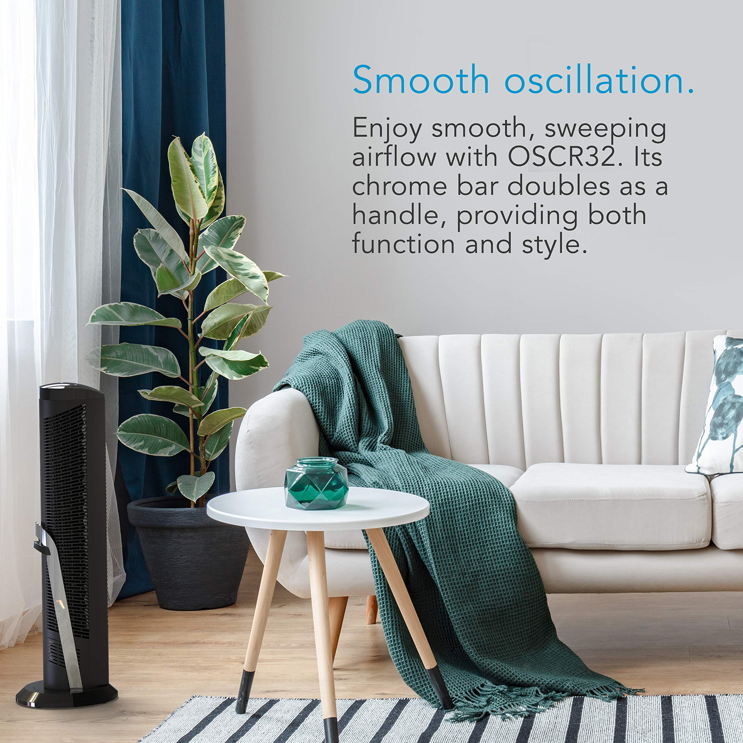 Modern living room with a white sofa, small table, and air cooler, featuring text about smooth oscillation.