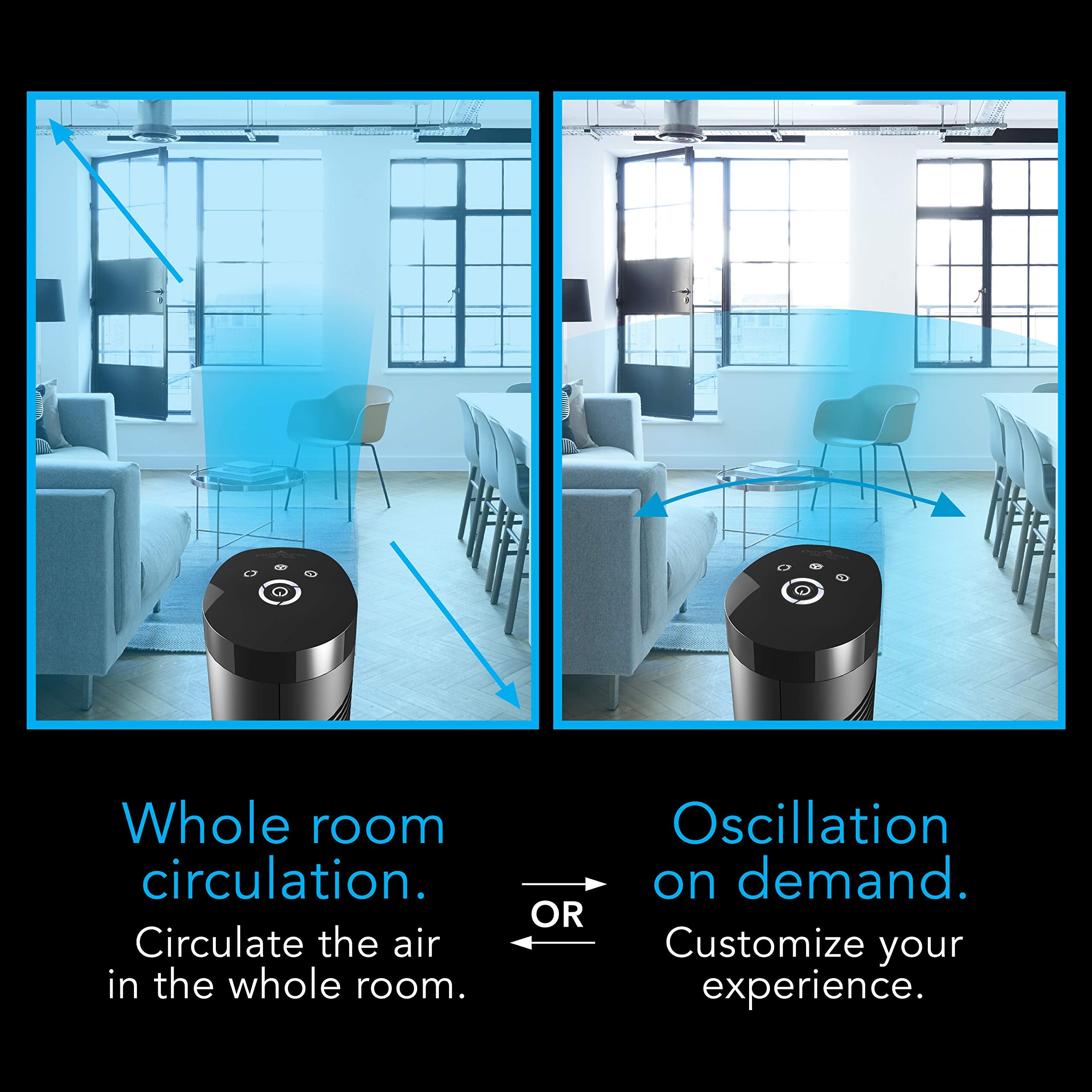 Two views of a room with air circulation system showing whole room circulation and oscillation on demand.