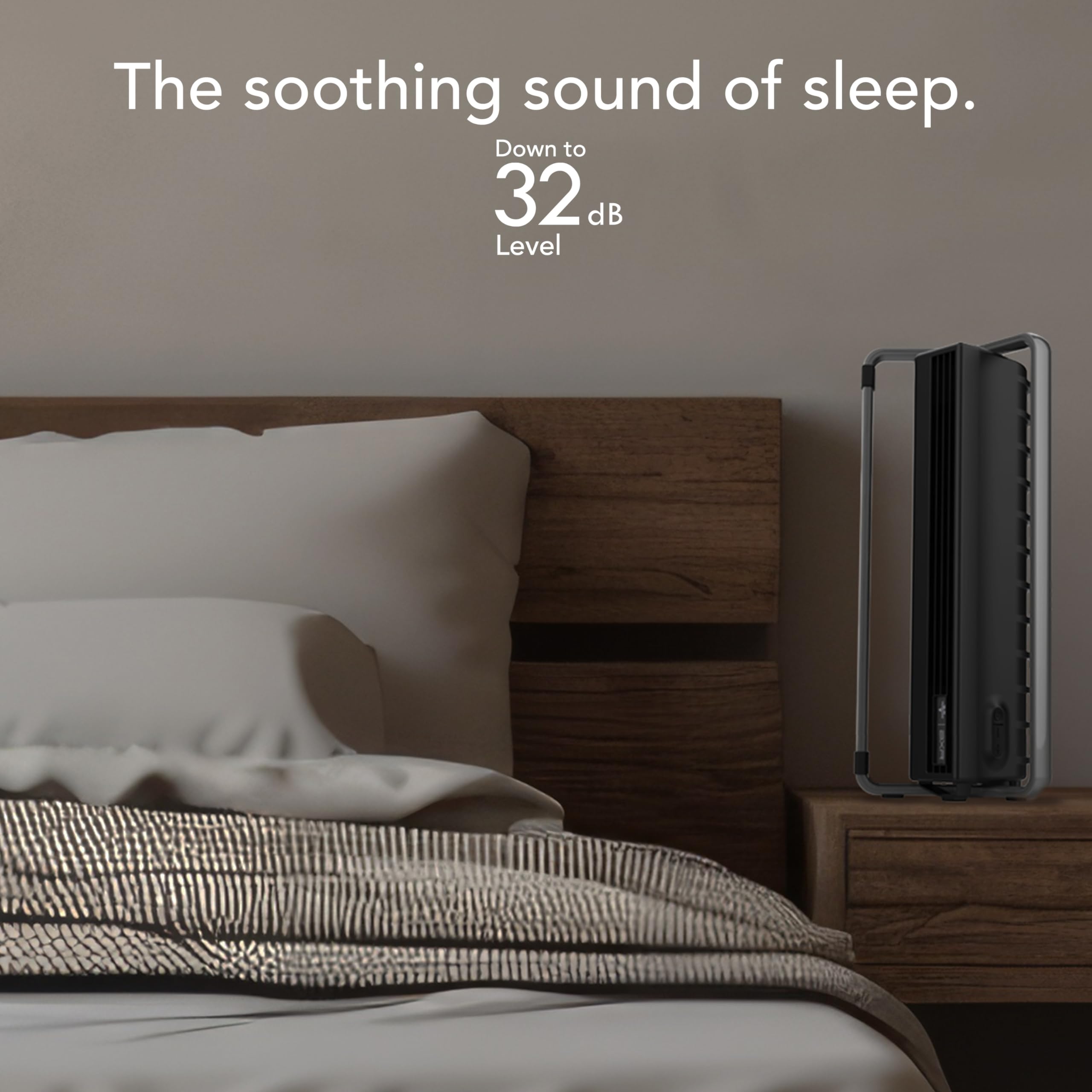 Bedroom scene with a bed and air circulator, featuring text about noise level.