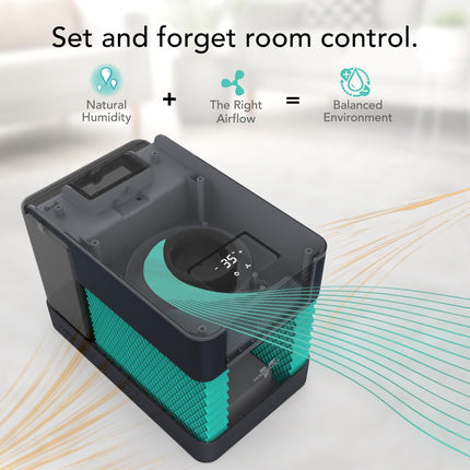 Humidifier with airflow illustration and text 'Set and forget room control' on a blurred background