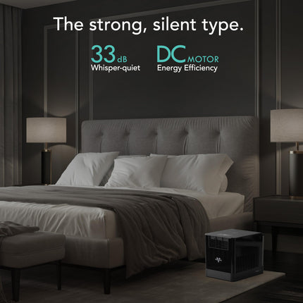 Bedroom with a bed and humidifier, featuring text about noise level and energy efficiency.