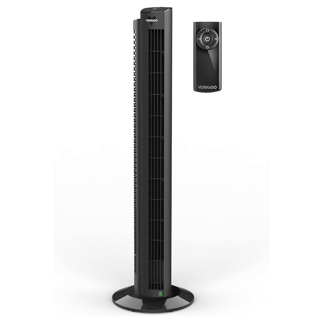 Black tower fan with remote control on a white background
