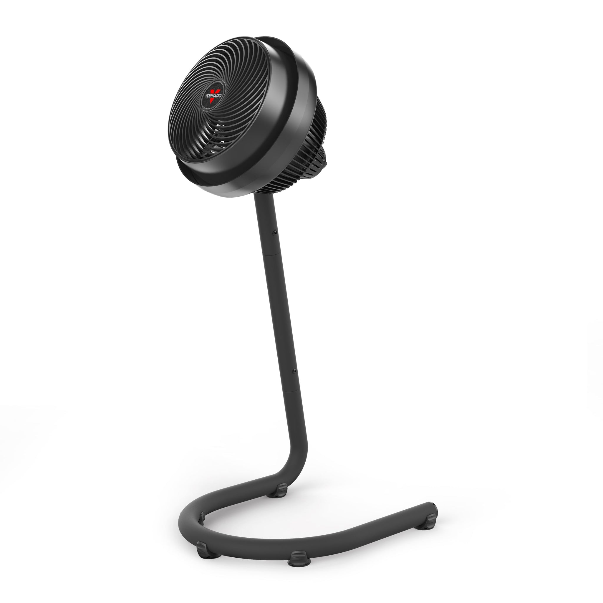 Black adjustable pedestal fan on a white background