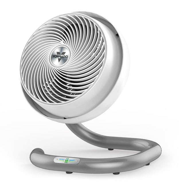 Silver and white Vornado fan on a white background