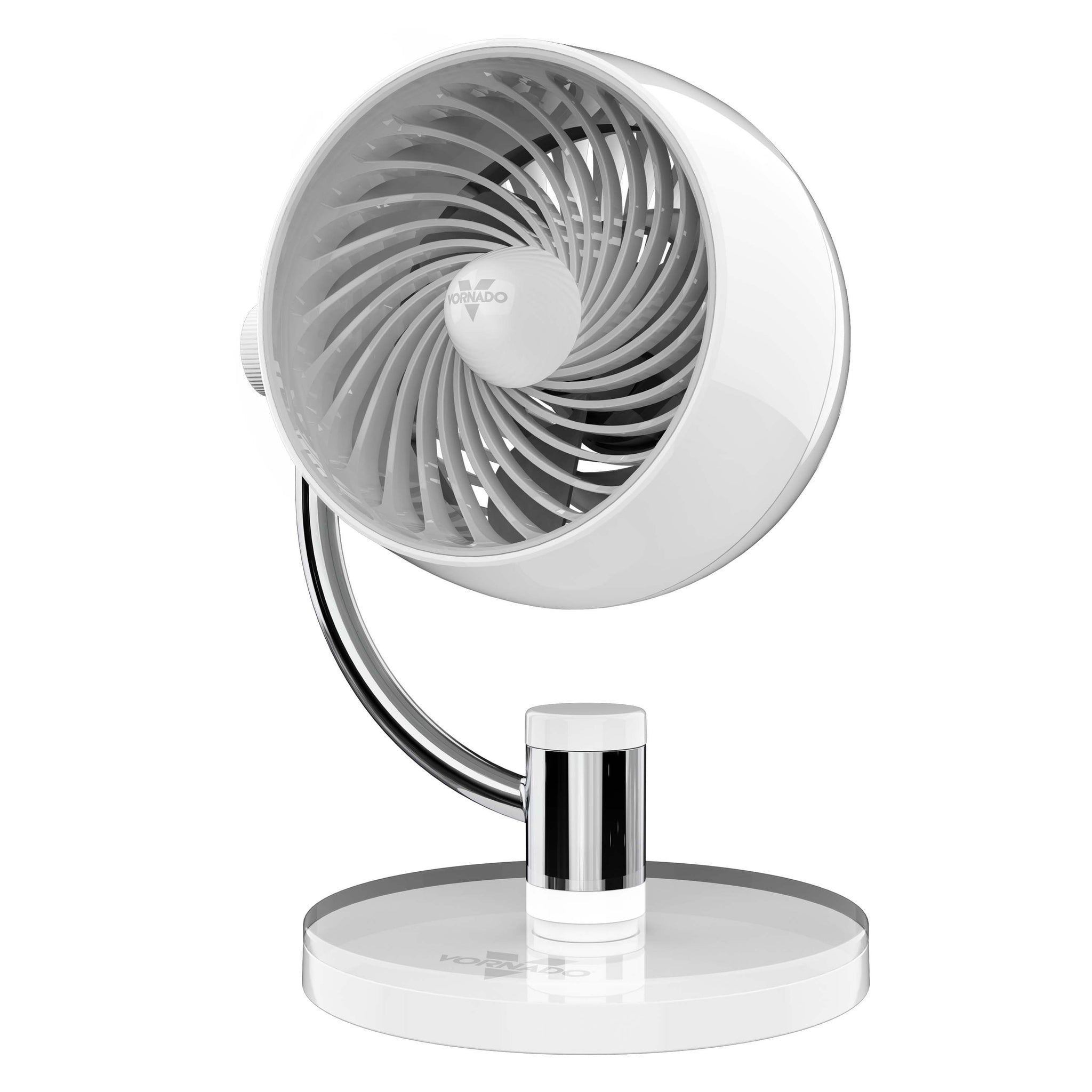 White and silver table fan on a white background