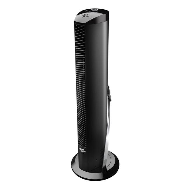 Vornado black tower fan on white background