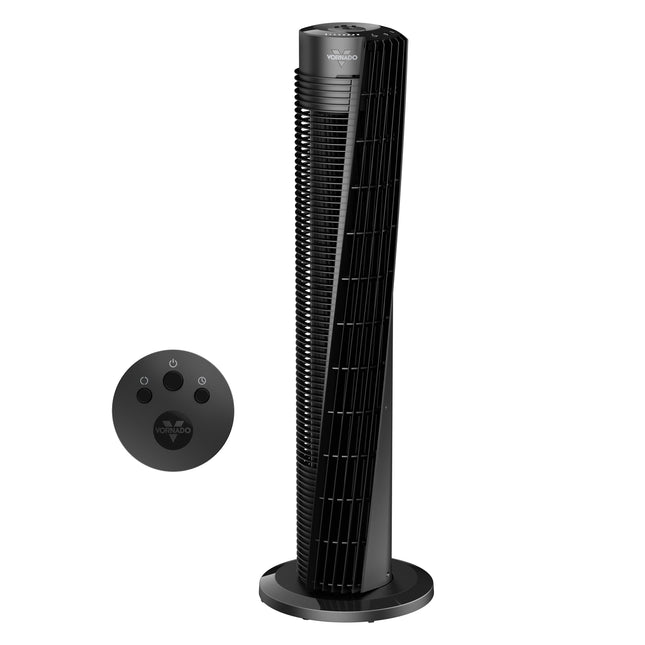 Black tower fan with remote control on a white background