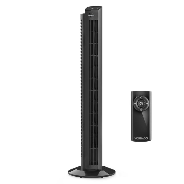 Black tower fan with remote control on a white background