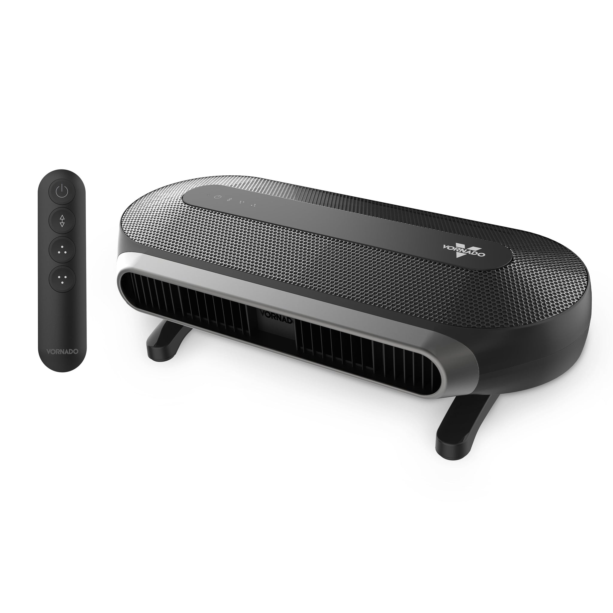 Black fan with remote control on a white background